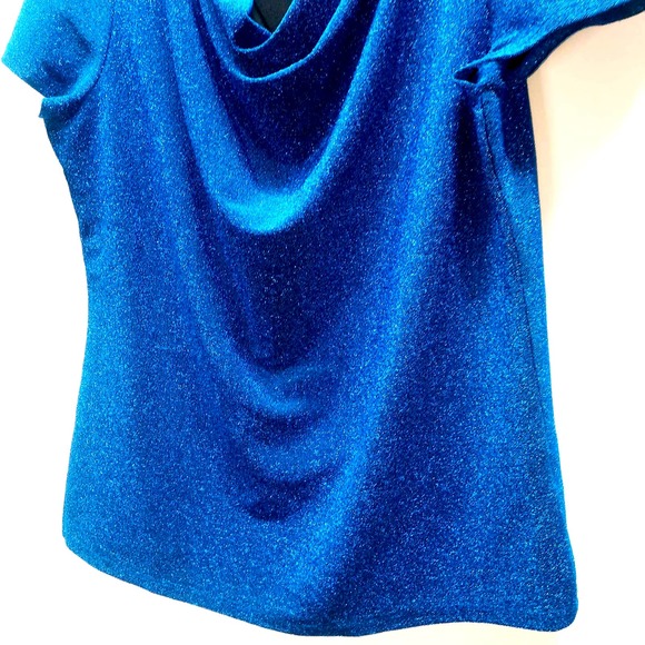 Y2K Jacqueline Smith Royal Blue Metallic Drape Neck pullover cap sleeve top  Lg - Picture 3 of 5